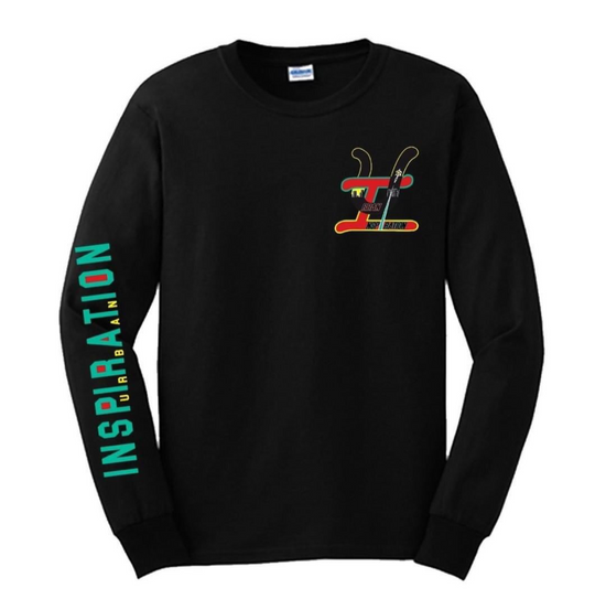 Urban Inspiration Ap Black long sleeve crew neck t-shirt (Aqua green letters)
